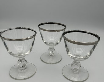 3 Mid Century Dorothy Thorpe Style Elegant Clear Cordial Glasses with Silver Stripe at Rims