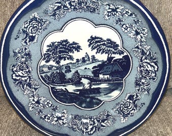 Vintage 1971 Daher Decorated Ware Blue and White Farm Scene Metal Bowl Made in England 10"