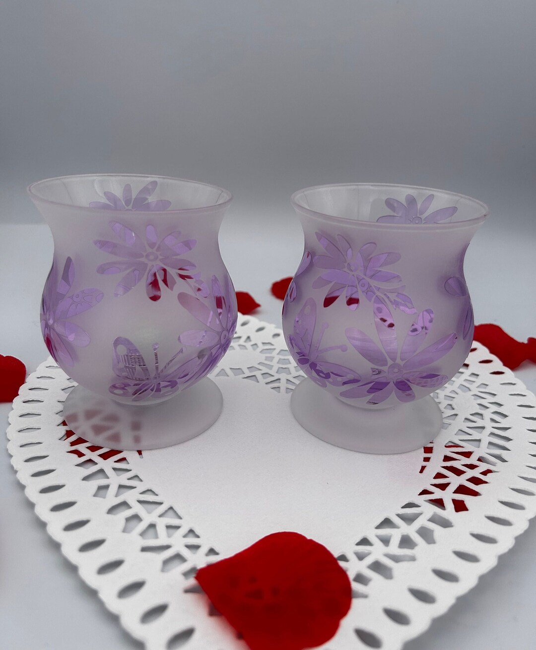 Rare Design Lenox Footed Frosted Glass Votive Holders With Clear Lilac