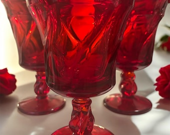 Vintage Fostoria Ruby Red Glass Swirl Stemmed Goblets