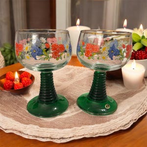 Vintage Roemer Wine Goblets: Green Beehive Stems, Gold Rims - Set of 2