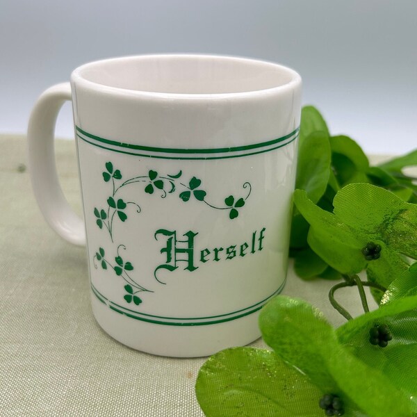 Irish Theme Vintage "Herself" Coffee or 10 oz Tea Cup with Green Shamrock Decor on Both Sides