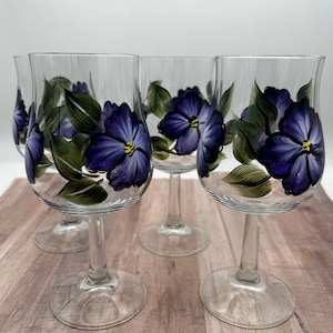 Set of 4 Hand Painted Wine Goblets Purple Pansies Like New Condition!