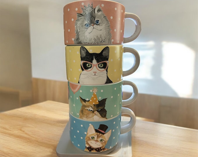 Vintage Pier 1 Party Cats Stacking Ceramic Coffee Cups in Metal Caddy ...