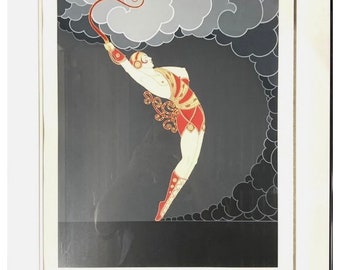 May include: A colourful art print featuring a woman in a red and gold costume, holding a whip, with a grey and black cloud background.