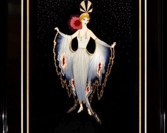 May include: A framed art print featuring a stylised figure in a long, pale blue gown with wide, flowing sleeves that transition to dark blue and feature red accents. The figure wears a fan-shaped headpiece against a black background with white dots.
