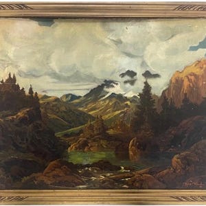 May include: A painting of a mountain landscape with a river flowing through it. The sky is cloudy and the mountains are covered in snow. The painting is signed "Robin Ward" in the lower right corner.