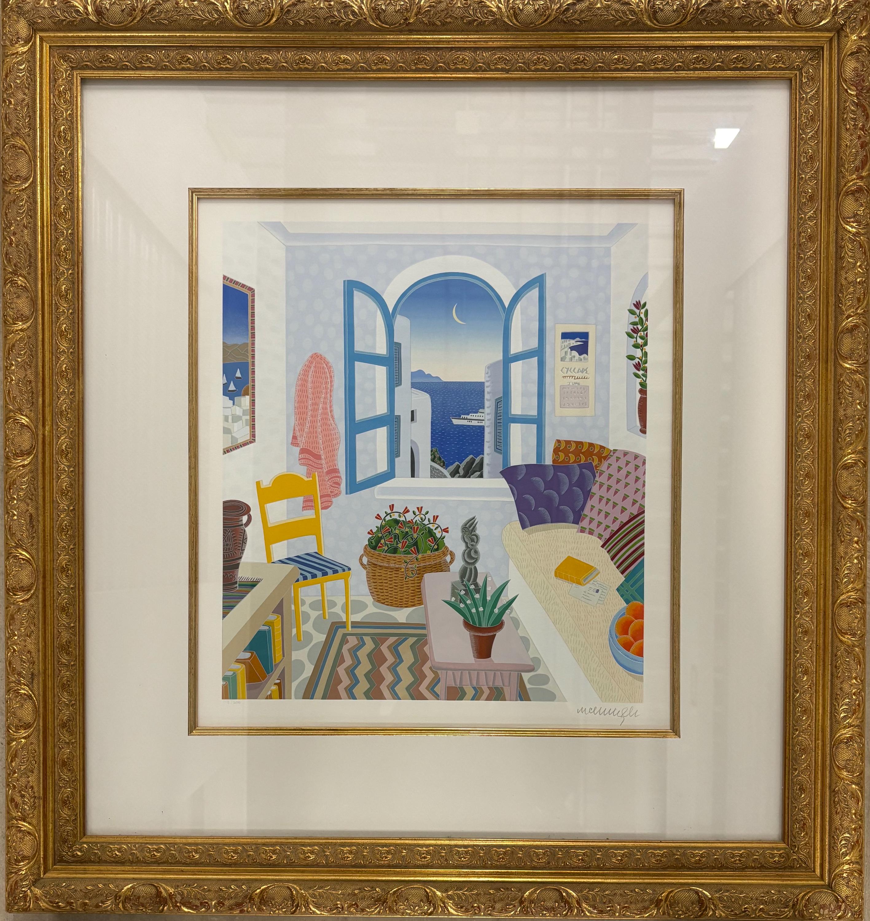 THOMASMcKNIGHT 絵 Thomas McKnight Blue Couch City Scape Colorful VTG Art Framed