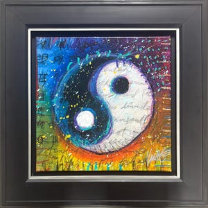 May include: A framed painting featuring a vibrant Yin and Yang symbol. The artwork uses a palette of blues, greens, and oranges, with the symbol's halves in black and white. Splatter effects and script add texture.