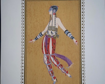 May include: A colourful illustration of a woman in a red, white and blue costume with a purple scarf and a blue headdress. The woman is dancing and has a mask on her face. The illustration is framed with a gold and black border.