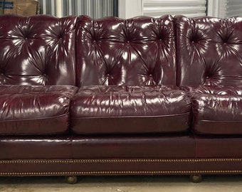 Vintage Hancock & Moore Red Burgundy Leather Tufted Chesterfield Sofa Couch