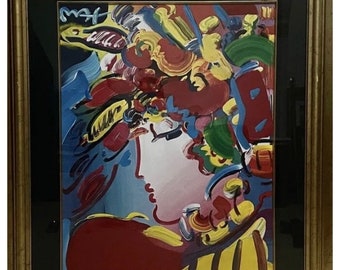 Peter Max "Blozende schoonheid" Mixed Media Art ondertekend in acryl groot