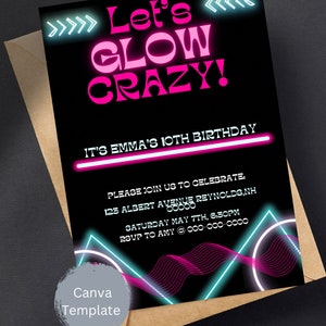 EDITABLE Neon Glow Party Birthday Invitation