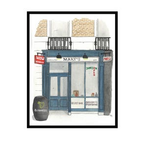 May include: A watercolor illustration of a storefront named Mary's with a blue facade, a black Guinness barrel in front, and signs reading Wow Burger, Jameson, Select Bar, and Grocery Provisions. The building features brick details and black railings.