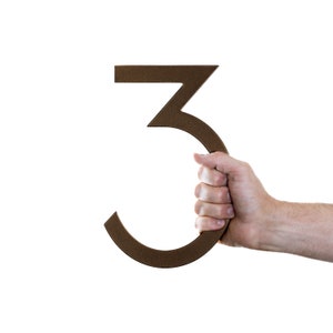 Puede incluir: Una mano sosteniendo un gran número tres de metal marrón.