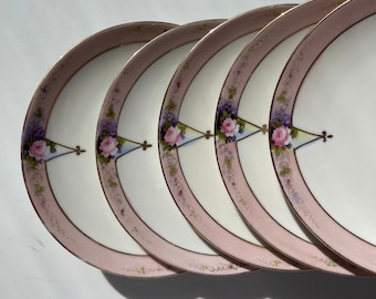 Set of 5 pink Violet Noritake China Bread Plates, Dinnerware, Shabby Chic Dishes, Bridal Shower, Tea Party, Wedding Plates, FREE SHIPPING