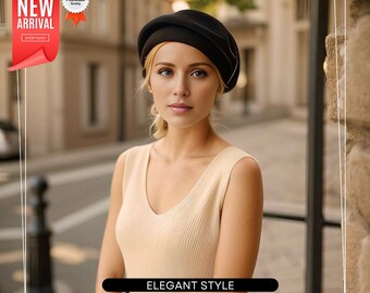 Berretto da donna in cashmere nero | Berretto francese vintage, autunno | Cappello primaverile Parigi Donna Regalo fatto a mano per sua moglie