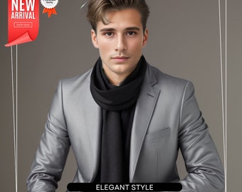 Men's scarf summer cashmere 100% thin scarf black - 180 x 75 cm for suit formal occasions wedding business style - gift for him