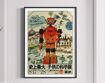 Vintage Giant Robot Poster, Retro Scific Art, Cool Japanese Poster, Outer Space Atomic Age Wars, Tin Robot Art, Japan Art Gift