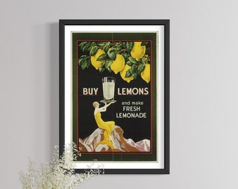 Vintage Lemon Fruit Market Poster, Retro Kitchen Decor Art Print