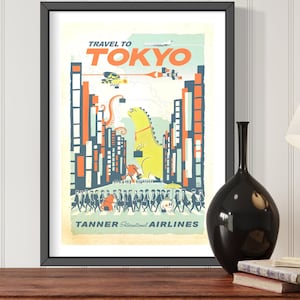 Tanner International Airlines Tokyo Travel Poster | Contemporary Japan Travel Art Print for Bedroom Home Decor | Bohemian Retro Wall Decor