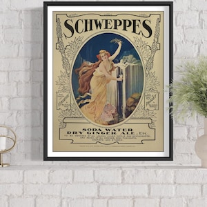 May include: Vintage poster advertising Schweppes Soda Water, Dry Ginger Ale, and other beverages. The poster features a woman in a flowing white dress standing in front of a waterfall. The text "Schweppes" is in large, bold letters at the top of the poster.