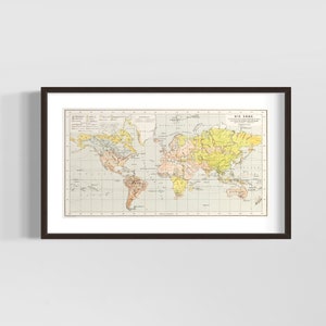Carte du monde Carte Toile, Carte vintage 1896, Carte Mercator des continents du monde, Géographie Décor Carte de l’Atlas mondial, Carte du globe politique Art mural,