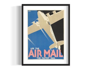 Könnte beinhalten: Ein Vintage-Poster, das den Luftpostdienst bewirbt. Das Poster zeigt ein weißes Flugzeug, das vor einem blauen und schwarzen Hintergrund fliegt. Der Text lautet "Nutzen Sie die Luftpost, die schnellste Post."