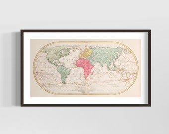 Pode incluir: Um mapa do mundo antigo impresso em papel com fundo creme. O mapa está emoldurado em uma moldura preta. O mapa mostra os continentes da América do Norte, América do Sul, Europa, Ásia, África e Austrália. O mapa é colorido em tons de verde, amarelo, vermelho e marrom. O mapa é intitulado "Carte Physique du Globe Terrestr" e inclui uma rosa dos ventos e uma escala.