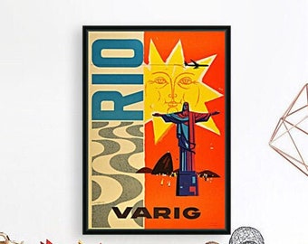 Rio Varig Vintage Reisreclame Poster | Brazilië Varig Airlines Vintage Travel Art | Vintage Travel Poster Kunst aan de muur Opknoping