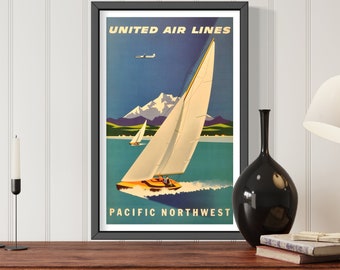 Pacific Northwest Canvas, Vintage Reizen Reclame Poster, United Airlines, Pacific Northwest, Boot Captain Gift, Pacific Northwest Art