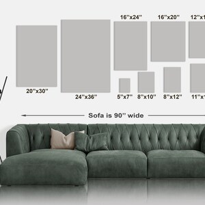 May include: A green sectional sofa with a tufted design, measuring 90 inches wide, is positioned in front of a white wall with various sized rectangular canvases. The canvases are labeled with their dimensions in inches, such as 20"x30", 24"x36", 16"x24", 16"x20", 12"x18", 5"x7", 8"x10", 8"x12", and 11"x14".