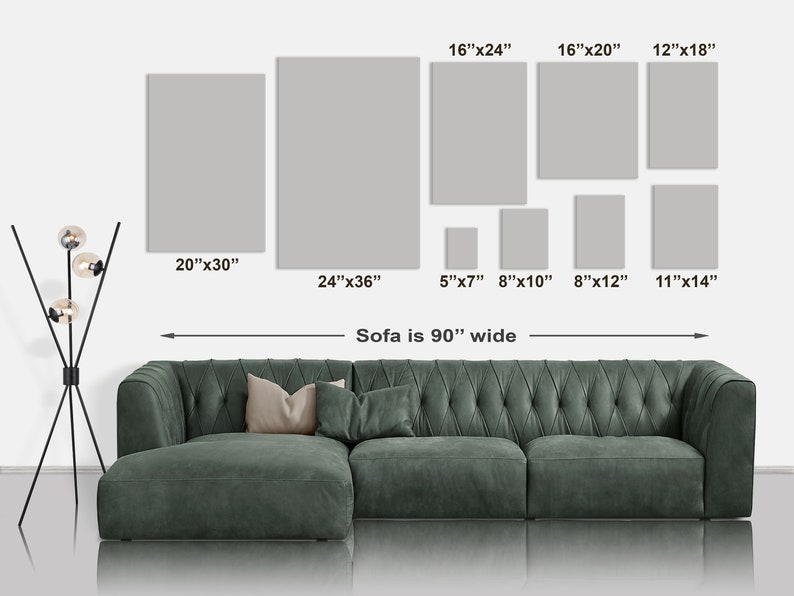 May include: A green sectional sofa with a tufted design, measuring 90 inches wide, is positioned in front of a white wall with various sized rectangular canvases. The canvases are labeled with their dimensions in inches, such as 20"x30", 24"x36", 16"x24", 16"x20", 12"x18", 5"x7", 8"x10", 8"x12", and 11"x14".