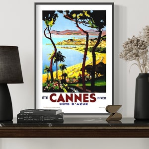Póster de viaje de Cannes Francia / Impresión de póster vintage de Giclee de viaje / Póster francés de Ocean Beach / Arte de viaje retro / Decoración de pared de Francia