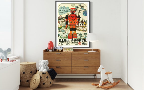 Vintage Giant Robot Poster, Retro Scific Art, Cool Japanese Poster, Outer Space Atomic Age Wars, Tin Robot Art, Japan Art Gift