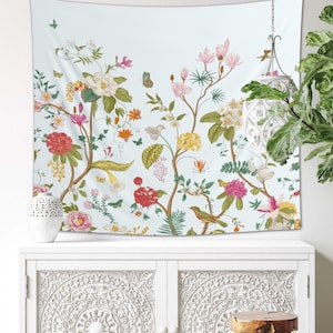 Blue Floral Tapestry | Flower Nature Wall Tapestry | Cute Aesthetic Tapestry | Tween Girls Room Décor | Livingroom/Bedroom/Dorm Decor