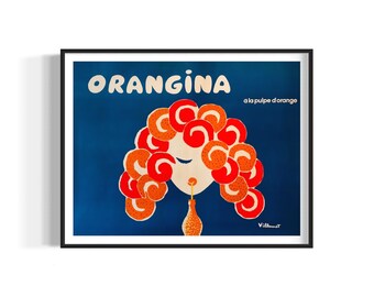 Retro Orangina Getränk Art Print, Vintage Orangina Werbung Poster, Orange Pulp Cool Drink Wandkunst, Bernard Villemont Art Painting