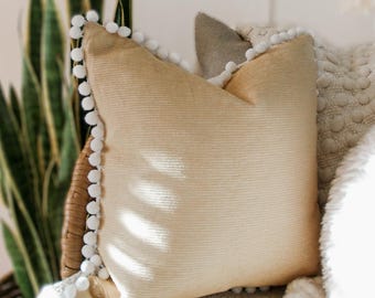 Neutral Boho Pillow | Pom Pom Trim | Decor Pillow Textured Cover | Simple Sofa Accent | Bedroom Living Room Decor | Mud Cloth Cushion Cover