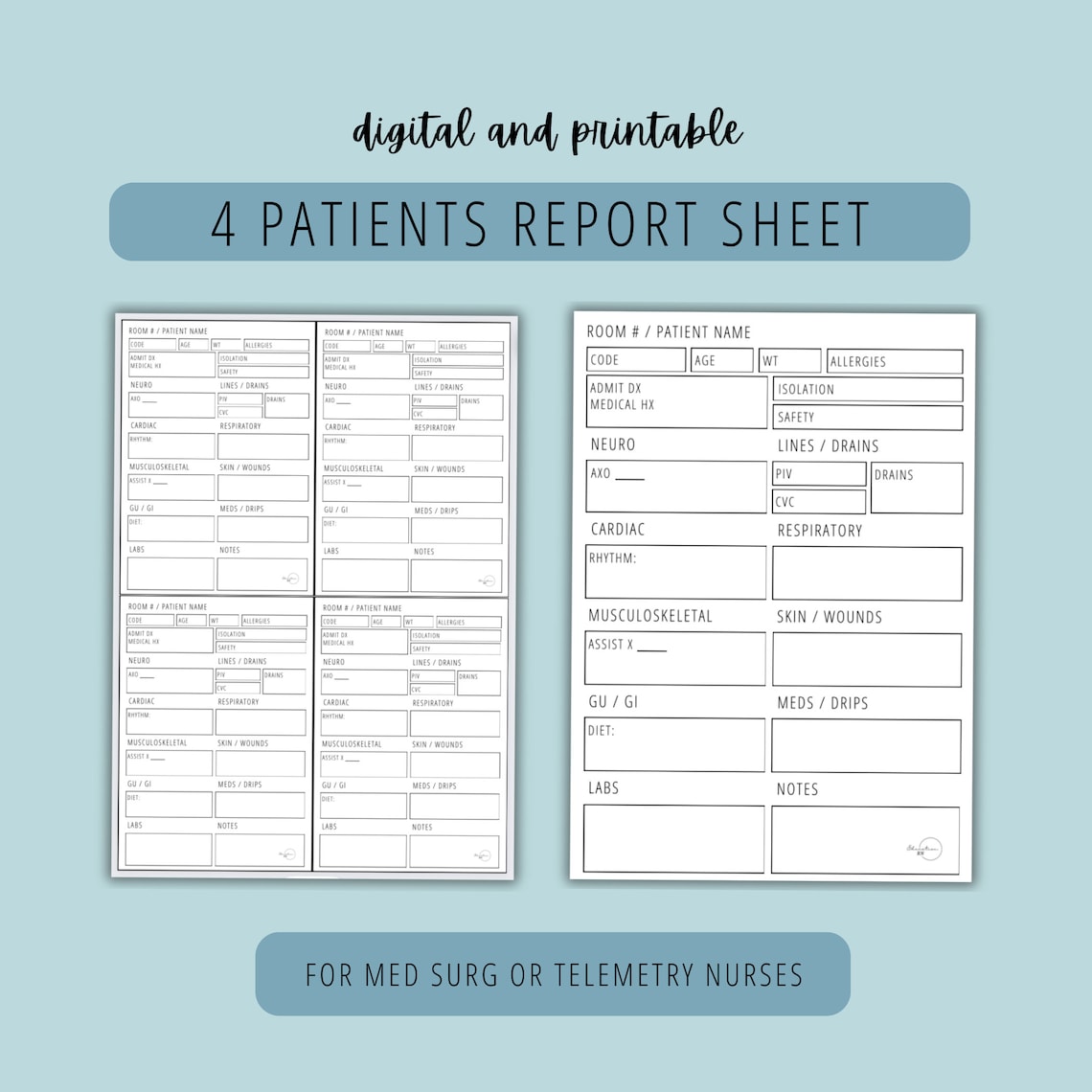 4 Patients Nursing Report Sheet, Med Surg, Telemetry | Digital Download ...