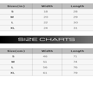 May include: Size chart for clothing with measurements in inches and centimeters. The chart shows the width and length of clothing in sizes S, M, L, and XL.