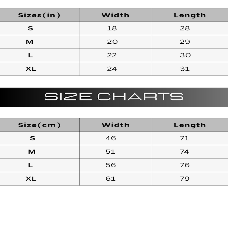 May include: Size chart for clothing with measurements in inches and centimeters. The chart shows the width and length of clothing in sizes S, M, L, and XL.
