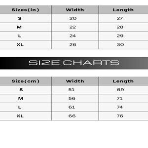 May include: Size chart for clothing in inches and centimeters. The chart shows the width and length measurements for sizes S, M, L, and XL.