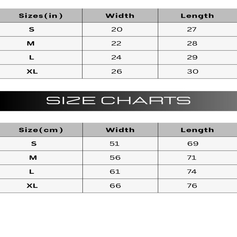 May include: Size chart for clothing in inches and centimeters. The chart shows the width and length measurements for sizes S, M, L, and XL.