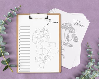 Eeuwigdurende verjaardagskalender | Botanische eeuwigdurende kalender | 12 bloemmotieven met klembord | Handgemaakt | Eeuwigdurende verjaardagskalender
