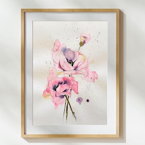 Original watercolor poppy | loose wall art, unique 24 x 32 cm | botanical art, pink | gift for nature lovers