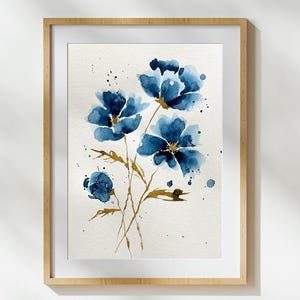 Original watercolor poppy | unique abstract wall painting 24 x 32 cm | blue botanical art | gift for plant lovers