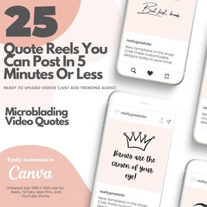 25 Editable Instagram Reels and Social Media Post Templates | Eyebrow Quotes, Microblading, Permanent Makeup, PMU Eyebrows, Canva Template