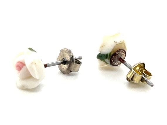 Vintage Porcelain White Rose Pierced Earring Studs - image 3