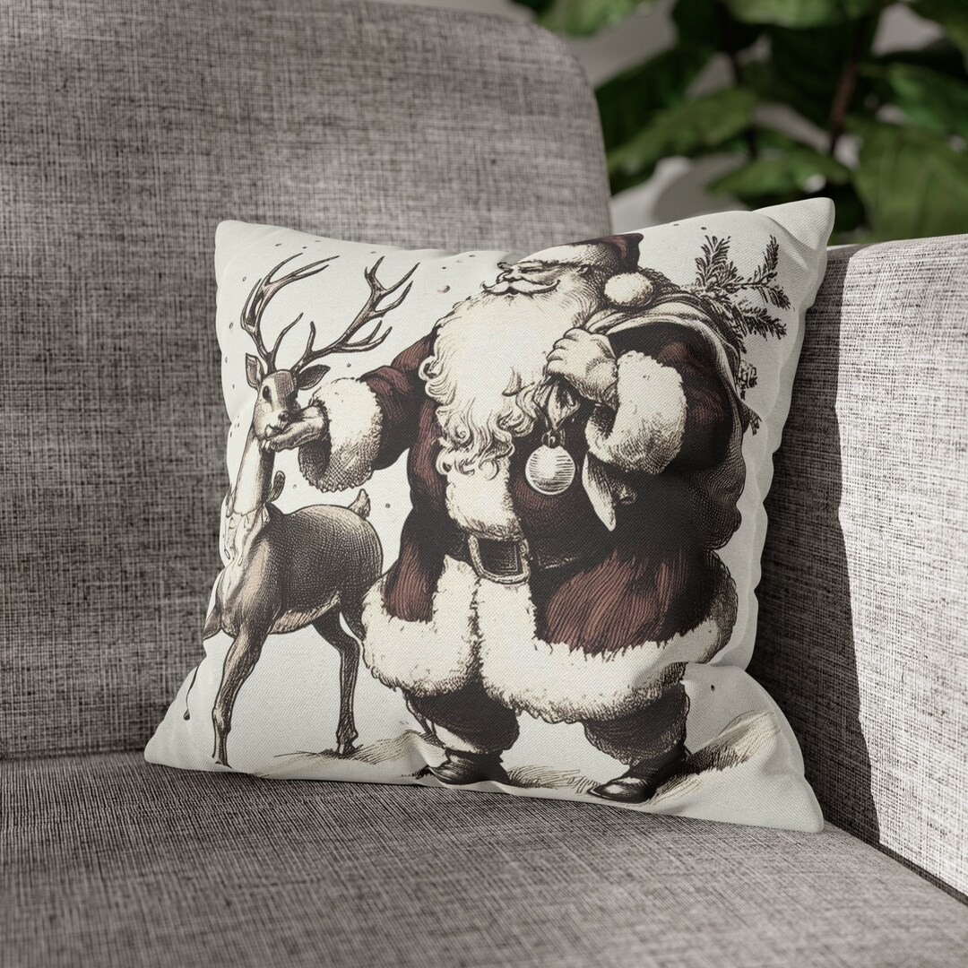 Vintage Christmas Pillow With Santa Claus and His Reindeer Etsy