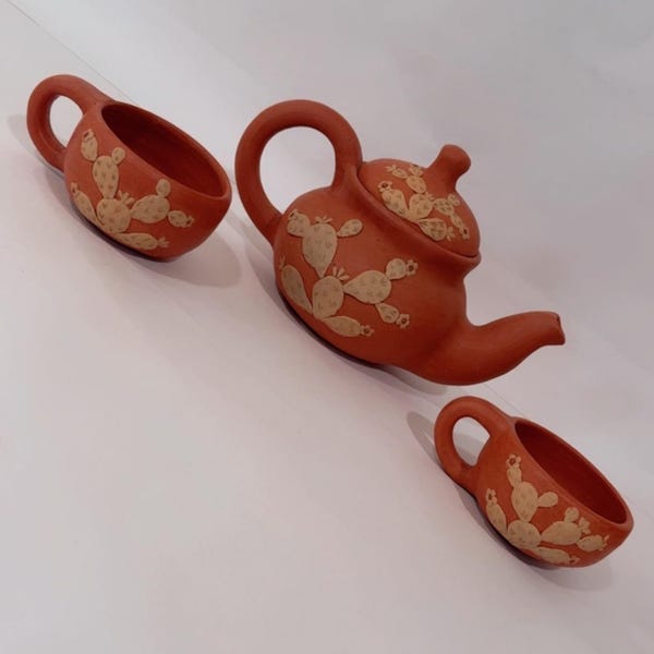 oaxaca embroidery clay mugs tazas de filigrana barro bordado oaxaca artesanias cactus tea set